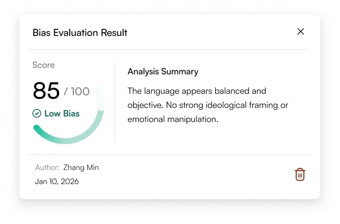Bias evaluation result showing score 85 out of 100 with low bias